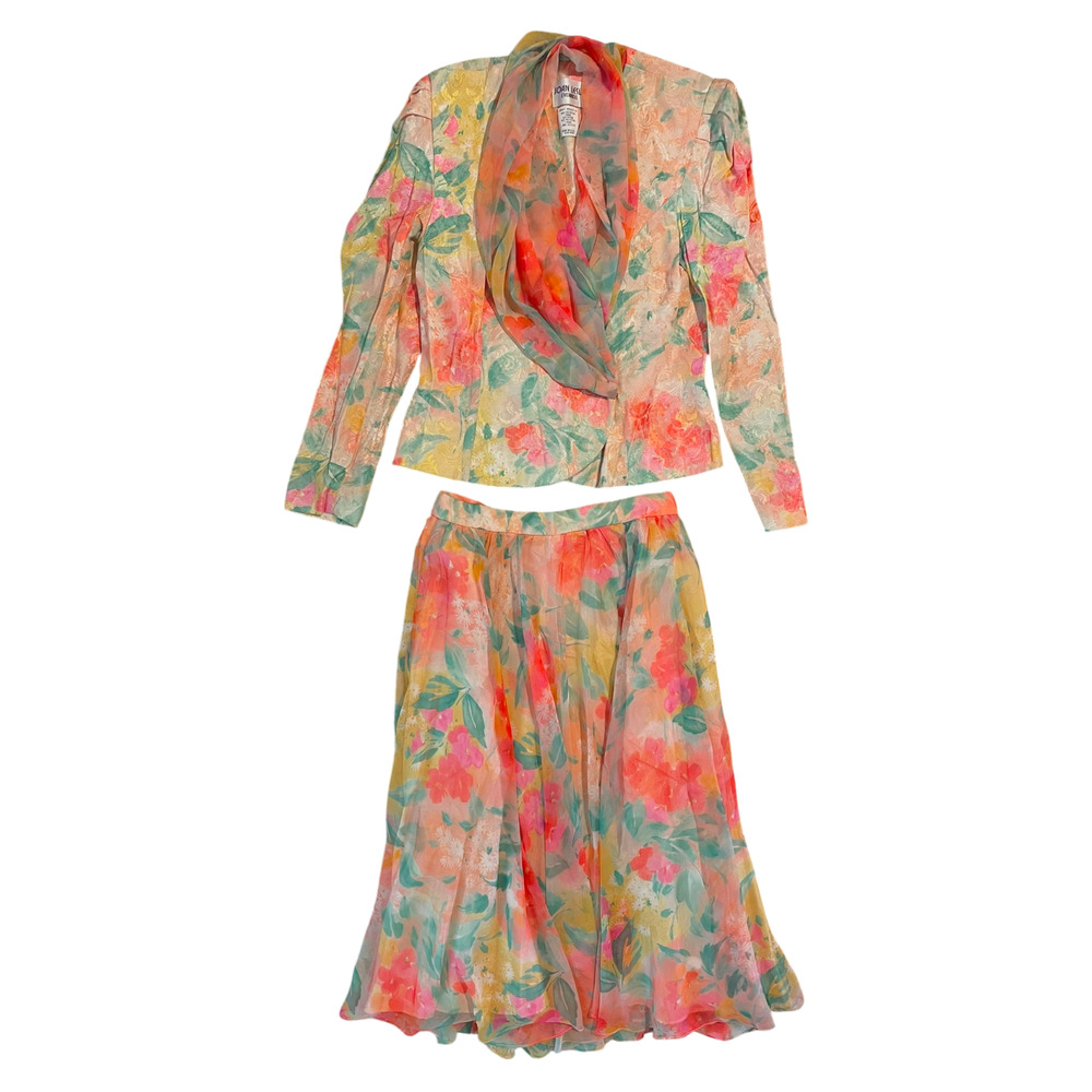 Vintage JOAN LESLIE EVENINGS Size 12 Floral Skirt Suit 80s Summer Spring Formal